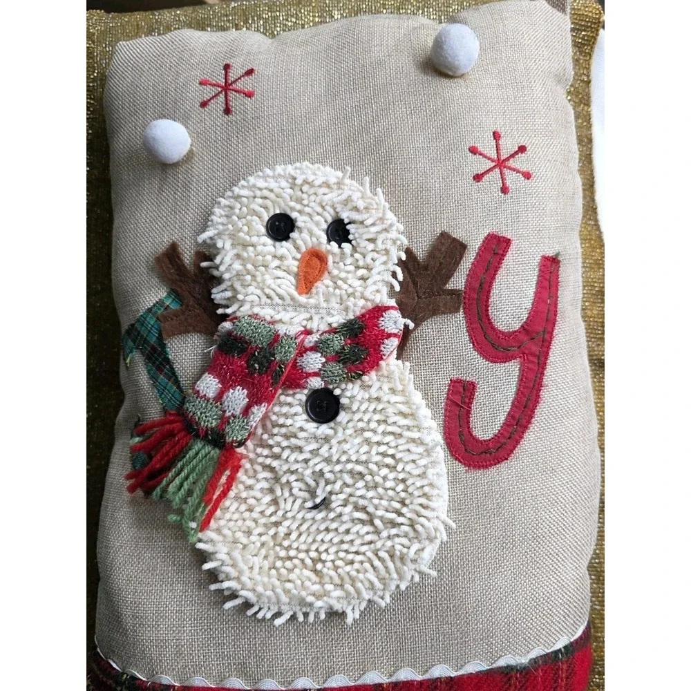 Cracker Barrel Christmas Pillow JOY Snowman Rustic Farmhouse Plaid/Burlap